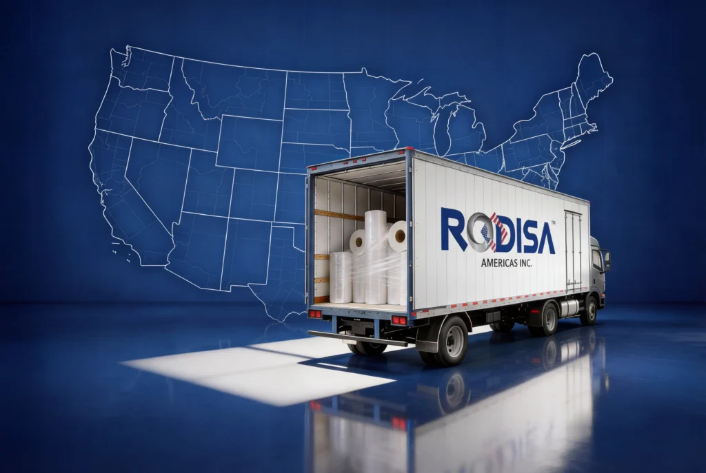 A truck with the RODISA Americas Inc. logo, loaded with large rolls of paper, is parked in front of a digital map outline of the United States on a blue background.