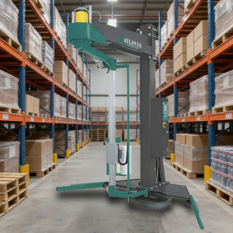 A pallet wrapping machine stands in the aisle of a warehouse with shelves stocked with boxes and pallets.