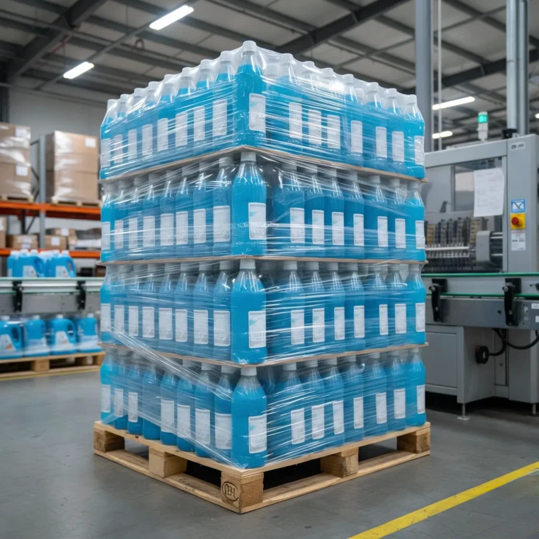 Pallet of bottled multi-packs wrapped in stretch film