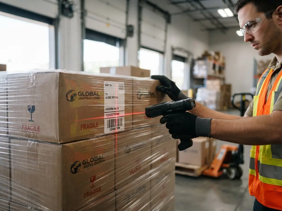 Worker scanning a barcode through cast stretch wrap