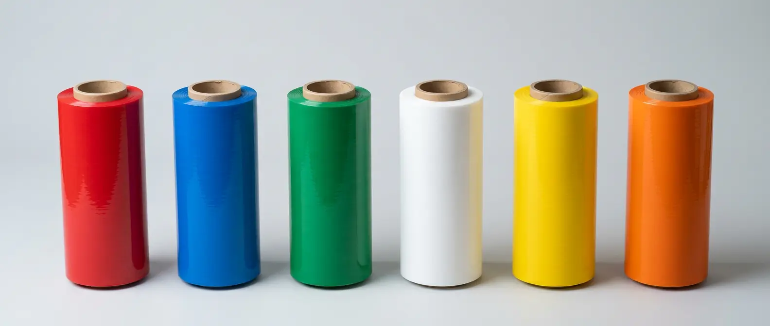 Rolls of colored stretch film in six colors