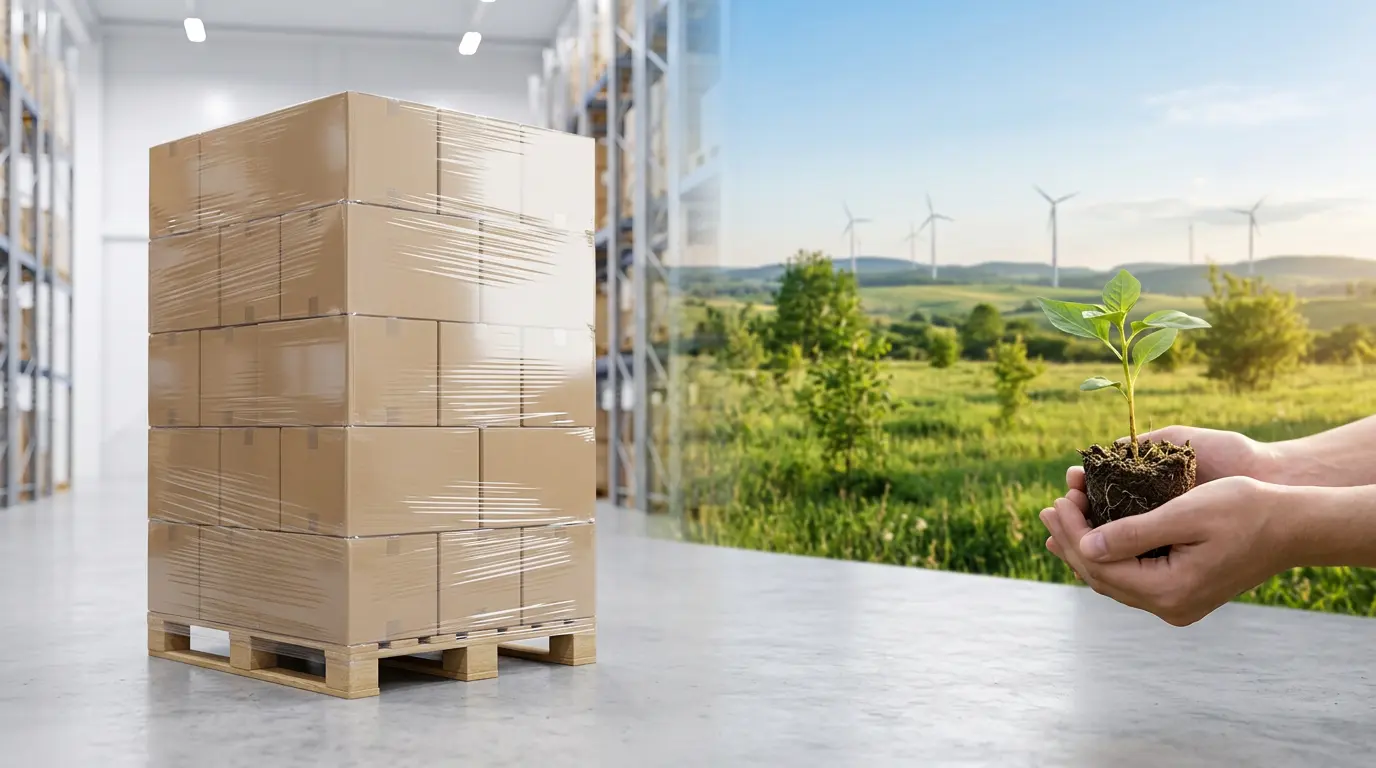 Pallet secured with eco pallet wrap using less plastic