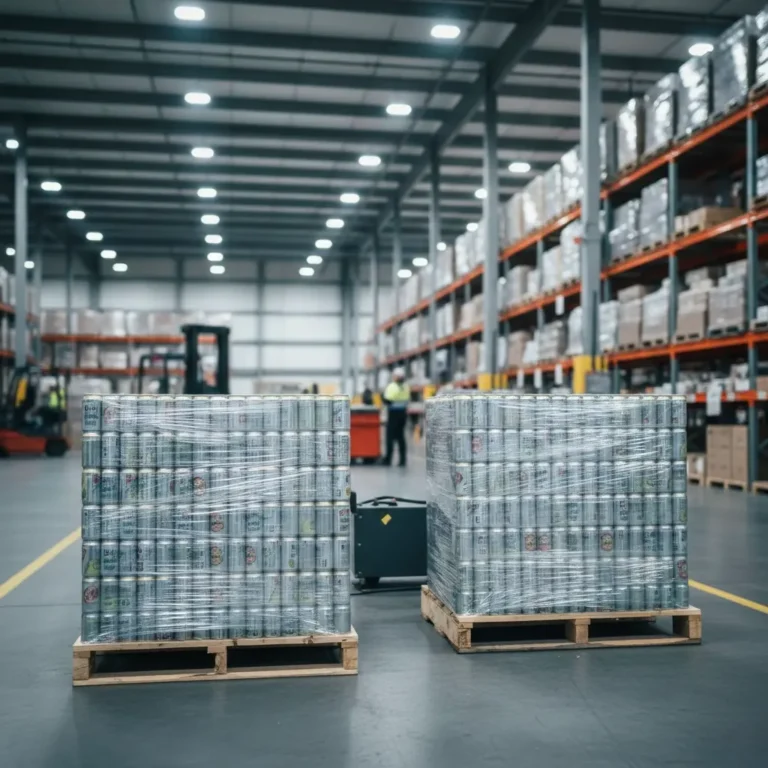 Pallets of canned goods wrapped in stretch film in a warehouse