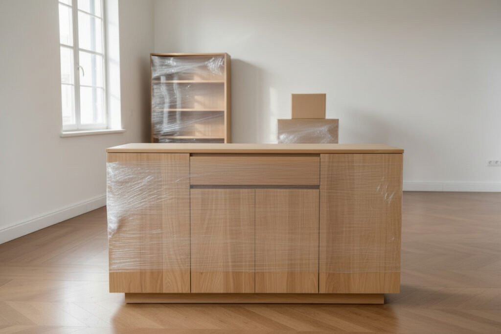 A bright room with wooden furniture, including a cabinet and bookshelf, all wrapped in plastic for moving or protection. There is also a cardboard box on top of the bookshelf. The floor is wooden, and the room is empty.