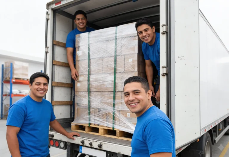 Team loading pallets secured with pallet wrap into a trailer