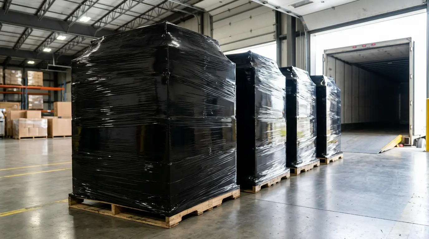 Pallets fully covered with black pallet wrap at a loading dock