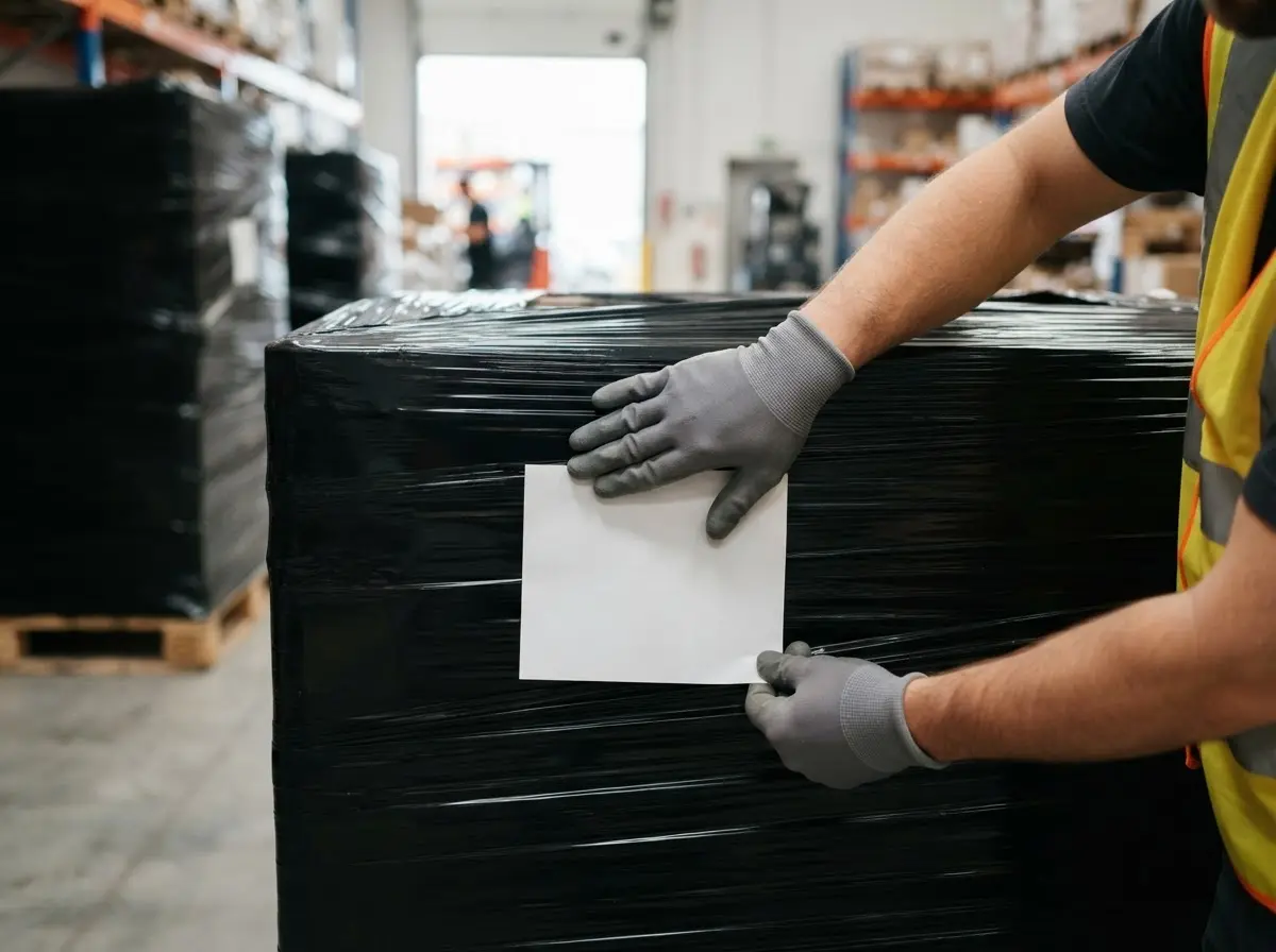 Pallets fully covered with black pallet wrap at a loading dock