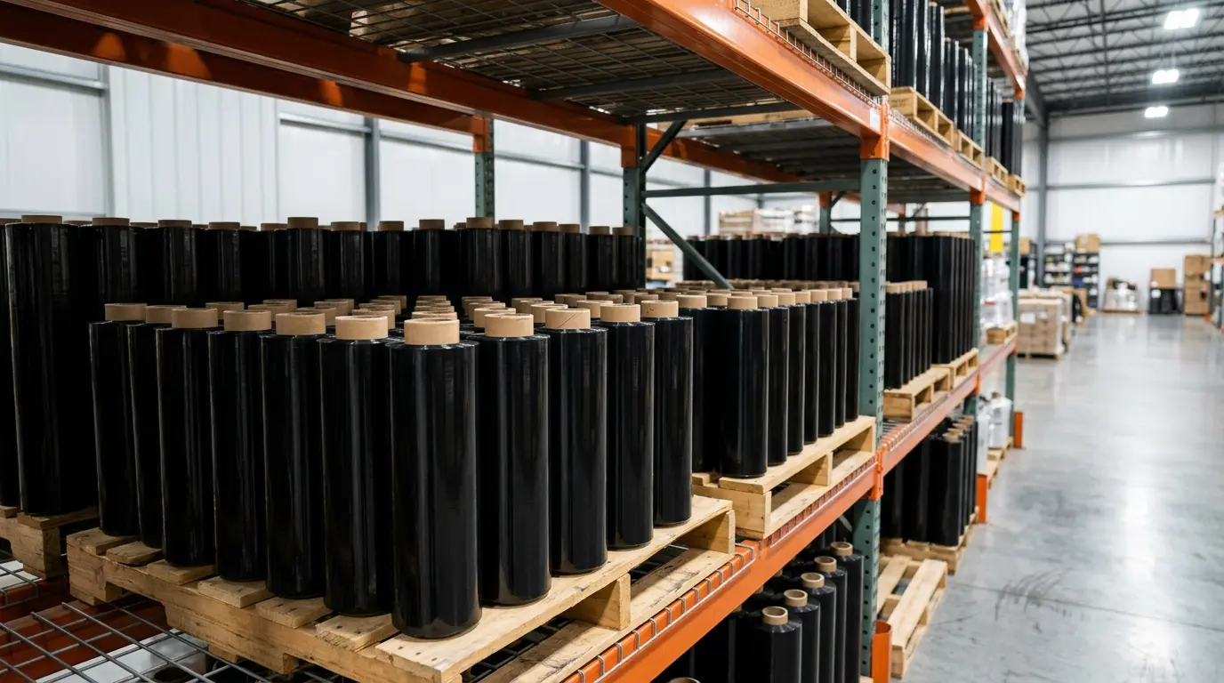 Rolls of black pallet wrap in stock