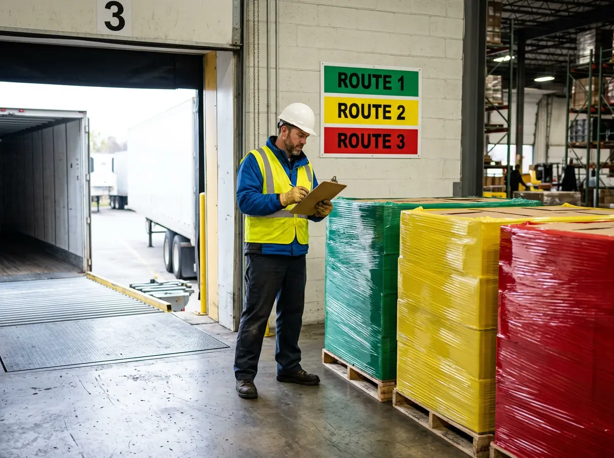 Operator checking color-coded loads wrapped in colored stretch film