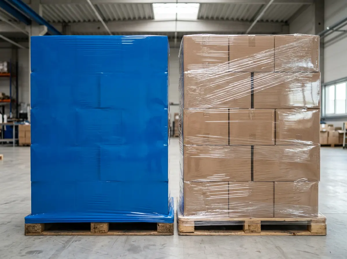 Opaque white stretch film next to clear film on wrapped loads