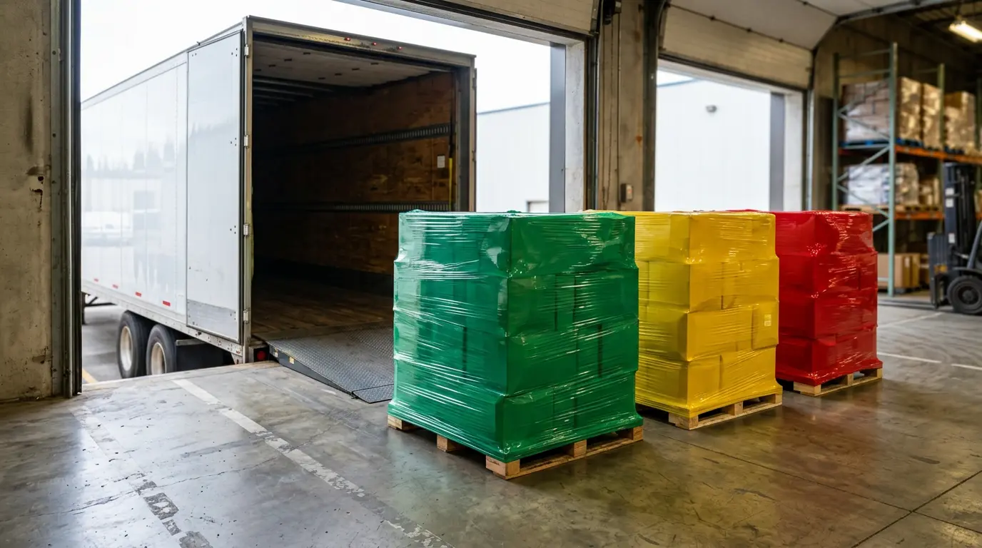 Loads wrapped in colored stretch film ready to ship