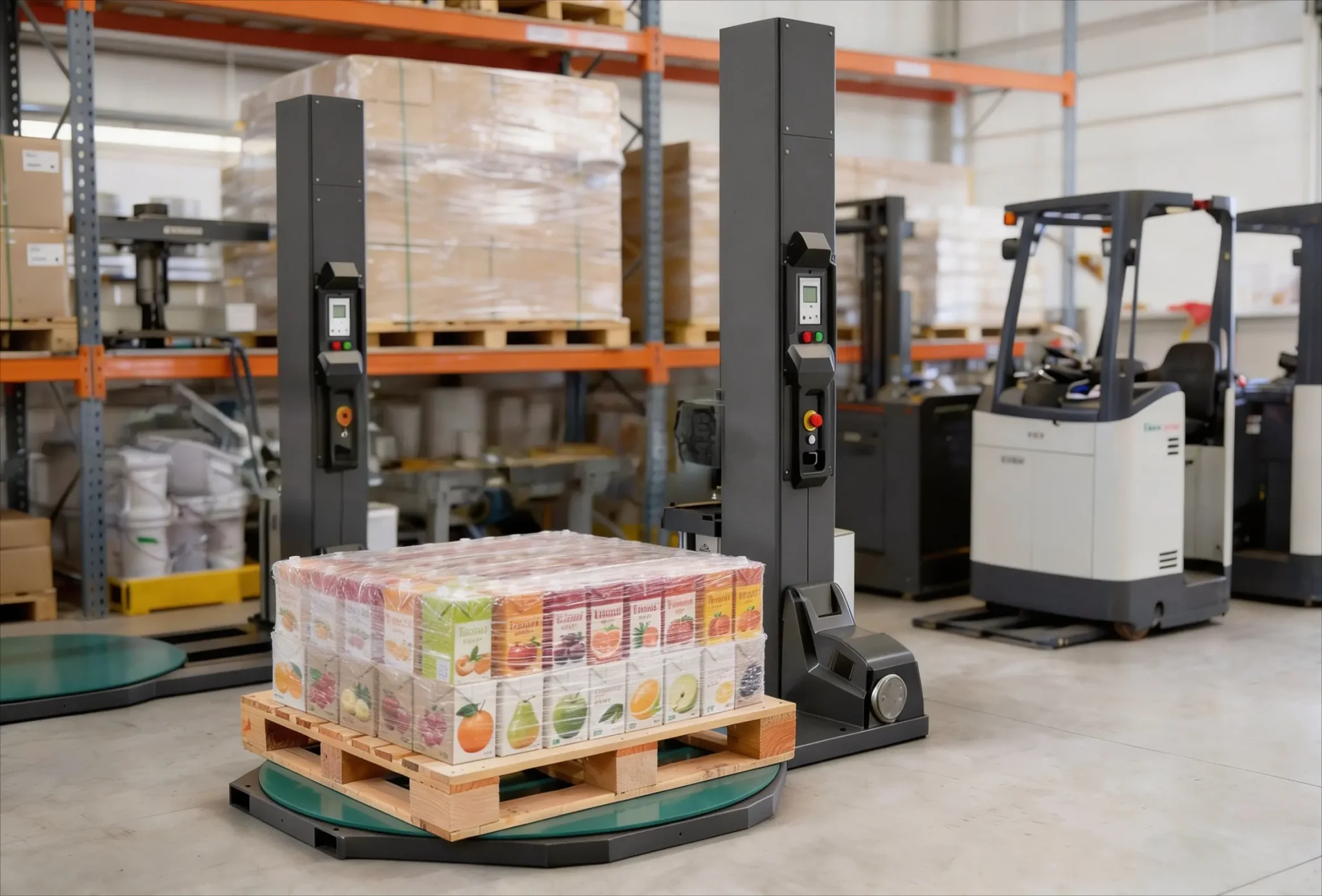 RODISA stretch wrapping machine with a pallet of juice packages wrapped in plastic on the platform.