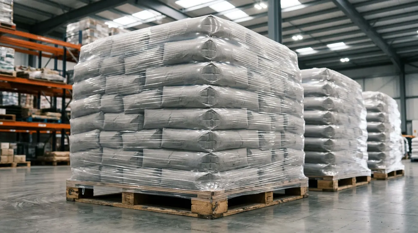 Heavy loads secured with heavy duty stretch wrap in an industrial warehouse