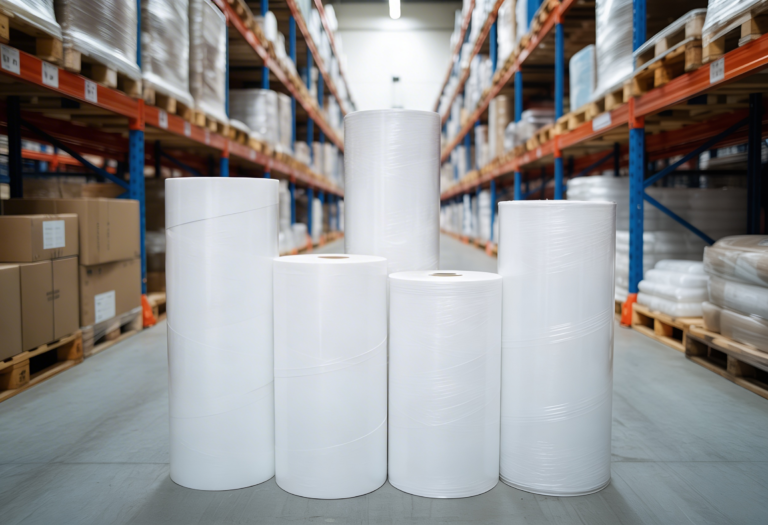 Machine stretch film rolls stored in a warehouse