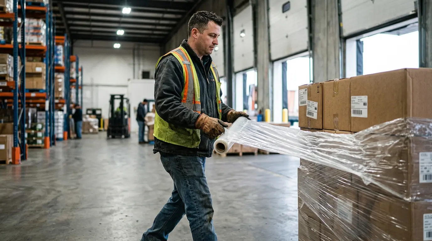 Operator wrapping a pallet with pre-stretched film