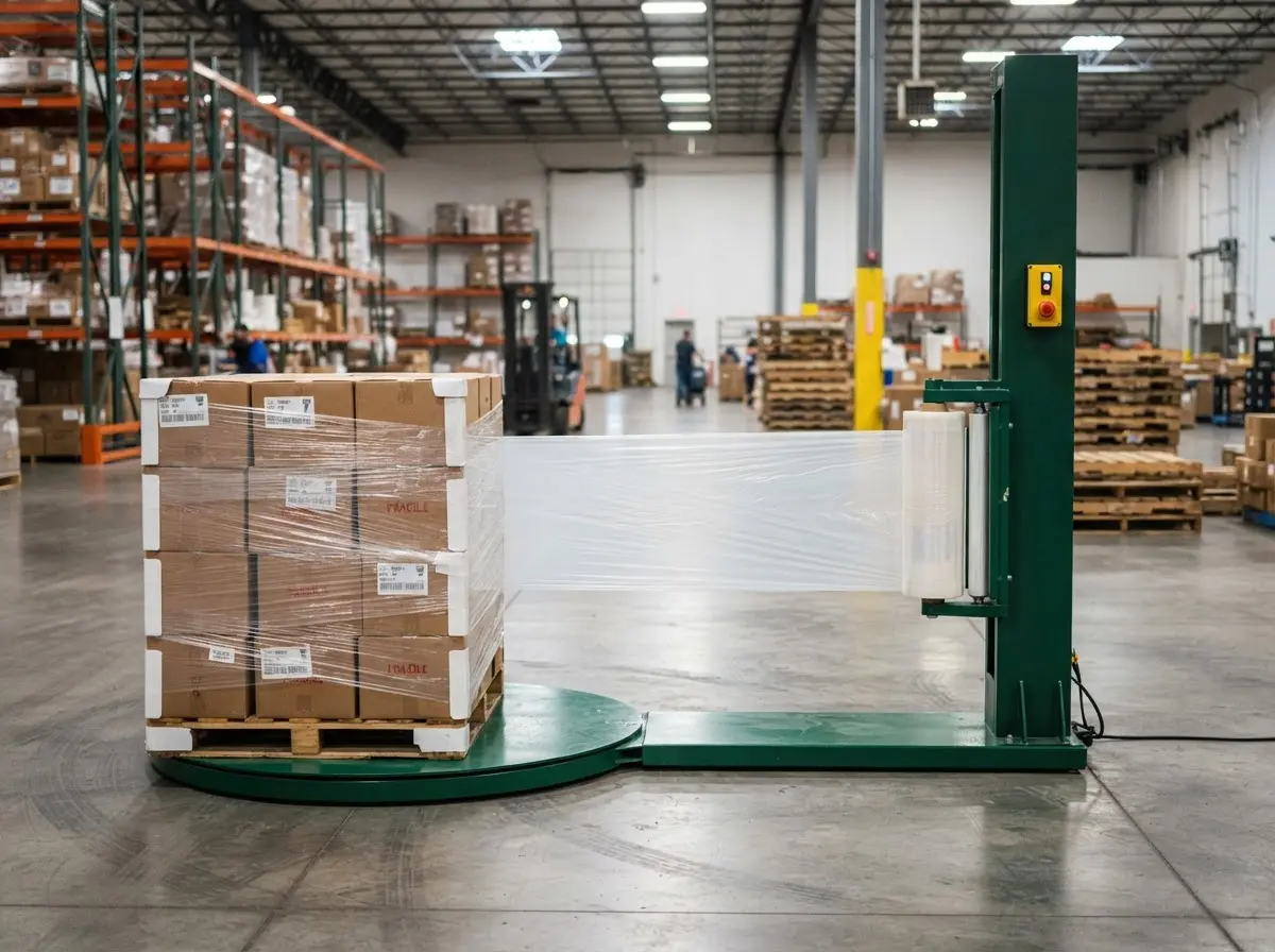 Operator wrapping a pallet with pre-stretched film